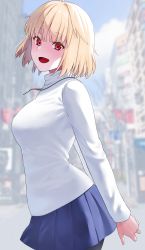 Rule 34 | arcueid brunestud, arms behind back, blonde hair, blue skirt, blurry, blurry background, breasts, cityscape, cowboy shot, from side, highres, jewelry, krs (karasu), long sleeves, looking at viewer, medium breasts, medium hair, miniskirt, necklace, open mouth, own hands together, pantyhose, pleated skirt, red eyes, skirt, smile, solo, sweater, tsukihime, tsurime, turtleneck, turtleneck sweater, white sweater