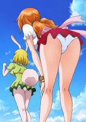 Rule 34 | 2girls, animal ears, ass, bare legs, bent over, blonde hair, blue sky, bracelet, breasts, carrot (one piece), cloud, day, dress, facing away, from behind, green dress, hair tie, jewelry, large breasts, leaning forward, legs, long hair, looking ahead, multiple girls, nami (one piece), nami (one piece) (whole cake island), one piece, orange hair, outdoors, panties, pantyshot, pink ribbon, rabbit, rabbit ears, rabbit girl, rabbit tail, ribbon, rider (orange couture), short hair, short sleeves, sky, standing, tail, thighs, twintails, underwear, upskirt, white panties