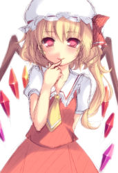 Rule 34 | 1girl, arm behind back, bad id, bad pixiv id, blonde hair, blush, bow, embodiment of scarlet devil, female focus, finger to mouth, flandre scarlet, graphite (medium), hat, hat bow, highres, kabata (mechisan), light smile, long hair, looking at viewer, mixed media, necktie, pink eyes, short hair, short sleeves, side ponytail, simple background, sketch, skirt, skirt set, solo, touhou, traditional media, upper body, wings