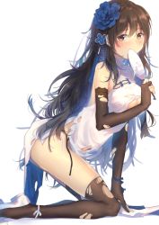 Rule 34 | 1girl, arm support, ass, bare shoulders, black hair, blue ribbon, blush, breasts, bridal gauntlets, brown eyes, brown gloves, brown thighhighs, china dress, chinese clothes, cleavage, covered mouth, damaged, dress, flower, garter straps, girls&#039; frontline, gloves, hair between eyes, hair flower, hair ornament, hairband, hand fan, high heels, holding, holding fan, katee, kneeling, lace, lace-trimmed legwear, lace trim, large breasts, leaning forward, leg ribbon, long hair, looking at viewer, messy hair, mole, mole under eye, official alternate costume, panties, paper fan, pelvic curtain, pumps, ribbon, side-tie panties, sidelocks, simple background, solo, thighhighs, thighs, torn clothes, type 95 (girls&#039; frontline), type 95 (narcissus) (girls&#039; frontline), uchiwa, underwear, very long hair, white background, white footwear, white panties, white ribbon, wide sleeves, wrist ribbon