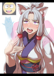 Rule 34 | 1girl, absurdres, afterimage, animal ears, blush, collarbone, commentary request, emoji, fanning self, flower knot, fox ears, fox girl, furrowed brow, ghost, grey hair, hagoromo, hand up, high ponytail, highres, hot, japanese clothes, kimono, letterboxed, long hair, long sleeves, mashima jirou, nhk (voiceroid), nose blush, obi, obijime, open mouth, parted bangs, purple eyes, reference inset, rolling eyes, sash, shawl, sidelocks, simple background, solo, sweat, tongue, tongue out, touhoku itako, upper body, voiceroid, white background, white kimono, wide sleeves