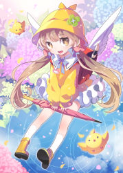 Rule 34 | 1girl, backpack, bag, bf. (sogogiching), boots, brown eyes, brown hair, child, flute, hair ornament, hat, instrument, kaku-san-sei million arthur, looking at viewer, million arthur (series), open mouth, randoseru, recorder, rubber boots, school hat, solo, twintails, wings