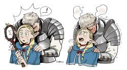 Rule 34 | !, ..., ...!, 1boy, 1girl, ?, absurdres, armor, blonde hair, blue capelet, blue robe, blush, bracer, braid, breastplate, capelet, choker, closed eyes, commentary, dungeon meshi, elf, english commentary, findoworld, french braid, furrowed brow, gorget, green eyes, hands on another&#039;s shoulders, highres, hitting, holding, holding staff, laios touden, light blush, looking up, marcille donato, open mouth, parted bangs, pauldrons, plate armor, pointy ears, red choker, red ribbon, ribbon, robe, shoulder armor, shoulder grab, signature, speech bubble, spoken ellipsis, spoken exclamation mark, staff, steam from ears, surprised, sweat, sweatdrop, trembling, upper body, white background