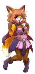 Rule 34 | 1girl, animal ears, blunt bangs, blush, bodystocking, breasts, brown hair, cleavage, commission, fang, fox ears, fox girl, fox tail, full body, furry, furry female, highres, jupiter europe, large breasts, looking at viewer, messy hair, open mouth, original, purple eyes, short hair, smile, solo, tail