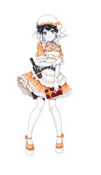 Rule 34 | 1girl, alternate costume, black hair, dress, enmaided, formation girls, full body, gift, gloves, goggles, goggles around neck, hat, highres, holding, holding elbow, holding gift, looking at viewer, maid, marina fudou, multicolored hair, official art, orange dress, orange footwear, ririkuto, short hair, short sleeves, solo, transparent background, two-tone hair, white gloves, white hair, white hat