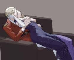 Rule 34 | alexia ashford, alfred ashford, beige background, blonde hair, breasts, couch, dress, groping, girl on top, incest, jacket, kiss, mmyaaym, pants, purple dress, red jacket, resident evil, resident evil - code: veronica, siblings, sitting, sitting on person, twincest, twins, white pants