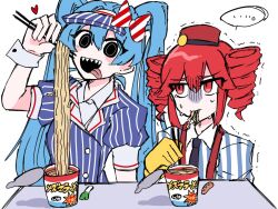 Rule 34 | ..., 2girls, :d, black eyes, black necktie, blue shirt, bow, chopsticks, closed mouth, commentary request, cup ramen, drill hair, eating, empty eyes, food, gloves, hair between eyes, hat, hat bow, hatsune miku, heart, holding, holding chopsticks, kakuzatou (vy5a heart), kasane teto, lone nape hair, long hair, looking at another, looking at viewer, looking to the side, medium bangs, mesmerizer (vocaloid), multiple girls, necktie, noodles, open mouth, pillbox hat, ramen, red bow, red eyes, red hair, red hat, sharp teeth, shirt, short hair, simple background, smile, spoken ellipsis, spring onion, striped bow, striped clothes, striped shirt, suspenders, teeth, tongue, tongue out, trembling, upper body, utau, vertical-striped clothes, vertical-striped shirt, visor cap, vocaloid, white background, white bow, white shirt, wrist cuffs, yellow gloves