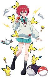 1girl absurdres amate_yuzuriha aqua_eyes aqua_shirt aqua_skirt blush closed_mouth creatures_(company) crossover eggman_(ni_tamagoex) game_freak gen_1_pokemon gen_2_pokemon gen_5_pokemon gundam gundam_gquuuuuux haro hat highres holding holding_poke_ball long_sleeves looking_at_viewer magnemite necktie nintendo open_mouth pichu poke_ball poke_ball_(basic) pokemon pokemon_(creature) red_hair school_uniform shirt short_hair simple_background skirt solo spiky-eared_pichu sweater tadbulb tynamo voltorb white_background