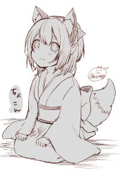 Rule 34 | 1girl, animal ear fluff, animal ears, black bow, blush, bow, child, chita (ketchup), closed mouth, fox ears, fox girl, fox tail, greyscale, hair between eyes, hair bow, japanese clothes, kimono, long sleeves, looking away, monochrome, obi, original, sash, seiza, shadow, short eyebrows, signature, sitting, sleeves past wrists, solo, tail, tail raised, thick eyebrows, translation request, white background, wide sleeves