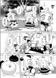 Rule 34 | 10s, 2girls, abyssal ship, acorn, arms up, backpack, bag, bow, chibi, collar, comic, commentary request, enemy aircraft (kancolle), fang, gloves, greyscale, hair bow, hair flaps, hair ornament, hairclip, jewelry, kantai collection, mittens, monochrome, multiple girls, neckerchief, necklace, northern ocean princess, open mouth, randoseru, remodel, sako (bosscoffee), scarf, school uniform, serafuku, sitting, sparkle background, star (symbol), thermos, translation request, tree, tree stump, yuudachi (kancolle)