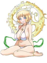 Rule 34 | 1girl, absurdres, belly, bikini, blonde hair, blue eyes, breasts, covered erect nipples, cross, ebora, feet, florakinesis, gold, highres, isis-demeter (toaru), jewelry, large breasts, looking at viewer, navel, necklace, orsola aquinas, plant, plump, short hair, smile, solo, stomach, swimsuit, thighs, toaru majutsu no index, toaru majutsu no index: new testament, toes, vines, white bikini