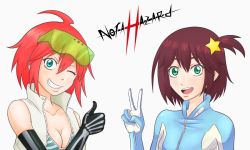Rule 34 | 10s, 2girls, ahoge, bare shoulders, bikini, bodysuit, breasts, brown hair, cleavage, elbow gloves, gloves, goggles, goggles on head, hair ornament, looking at viewer, luluco, multiple girls, not a hazard, open mouth, short hair, side ponytail, smile, spacesuit, swimsuit, thumbs up, trigger-chan, trigger (company), uchuu patrol luluco, v