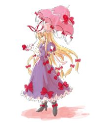 Rule 34 | 1girl, blonde hair, female focus, hat, long hair, mob cap, parasol, simple background, solo, touhou, umbrella, white background, yakumo yukari