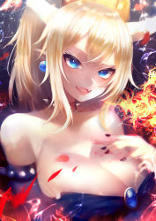 Rule 34 | 1girl, absurdres, arm at side, bad id, bad pixiv id, bare shoulders, black dress, black nails, blonde hair, blue eyes, blush, bowsette, bracelet, breasts, breath weapon, breathing fire, brooch, cleavage, collar, dress, earrings, energy, fangs, fire, hair between eyes, hand on own chest, head tilt, highres, horns, huge breasts, jewelry, light, looking at viewer, mario (series), nail polish, new super mario bros. u deluxe, nintendo, open mouth, pink lips, pointy ears, raised eyebrow, sakamoto nozoumi, shiny skin, sidelocks, smile, solo, spiked bracelet, spiked collar, spikes, strapless, strapless dress, super crown, tsurime, upper body