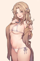 Rule 34 | 1girl, alternate costume, ass, belt collar, bikini, bikini under clothes, blush, breasts, breath, brown eyes, brown hair, chain, collar, commentary request, hair ribbon, highres, ichikawa hinana, idolmaster, idolmaster shiny colors, jp06, large breasts, long hair, looking at viewer, navel, open mouth, ribbon, side-tie bikini bottom, simple background, smile, solo, standing, stomach, string bikini, swimsuit, swimsuit under clothes, undressing