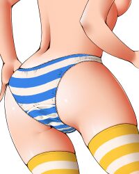 Rule 34 | 1girl, ass, breasts, dr rex, from behind, medium breasts, no pants, original, panties, simple background, solo, striped clothes, striped panties, striped thighhighs, thighhighs, topless, underwear, underwear only, white background