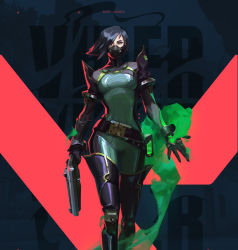 Rule 34 | 1girl, belt, black hair, bodysuit, gloves, green bodysuit, gun, highres, looking at viewer, mask, mouth mask, shiny clothes, short hair, skin tight, snatti, thighhighs, valorant, viper (valorant), weapon