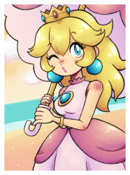 Rule 34 | 1girl, bangle, bare arms, bare shoulders, beach, blonde hair, blue eyes, blue gemstone, body blush, border, bracelet, breasts, brooch, crown, dot nose, dress, earrings, eyelashes, gem, highres, holding, holding umbrella, jackie-kawaii, jewelry, lips, long hair, looking at viewer, mario (series), nail polish, nintendo, ocean, one eye closed, outdoors, parasol, parted lips, pink dress, pink lips, pink nails, pink umbrella, princess, princess peach, sleeveless, sleeveless dress, small breasts, solo, sparkle, super mario sunshine, umbrella, white border