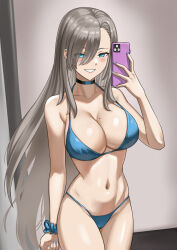 Rule 34 | 1girl, asuna (blue archive), bikini, blonde hair, blue archive, blue bikini, blue choker, blue eyes, blue nails, breasts, cellphone, choker, cleavage, eyes visible through hair, grin, hair over one eye, highres, holding, holding phone, large breasts, light brown hair, long hair, looking at viewer, mole, mole on breast, navel, phone, scrunchie, selfie, shinsaku (stan-art), smartphone, smile, solo, stomach, swimsuit, very long hair, wrist scrunchie