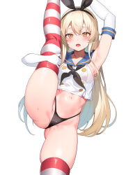 Rule 34 | 1girl, absurdres, and-j (dlwjdqja1212), black panties, blonde hair, blush, buttons, double-breasted, elbow gloves, gloves, hairband, highleg, highleg panties, highres, kantai collection, long hair, looking at viewer, navel, open mouth, panties, sailor collar, school uniform, serafuku, shimakaze (kancolle), solo, split, standing, standing on one leg, standing split, striped clothes, striped thighhighs, thighhighs, thong, underwear, white gloves, yellow eyes