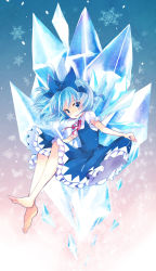 Rule 34 | 1girl, bad id, bad pixiv id, barefoot, blue eyes, blue hair, bow, cirno, curtsey, embodiment of scarlet devil, feet, floating, hair bow, hara yui, highres, ice, looking at viewer, matching hair/eyes, short hair, snowflakes, solo, touhou, wings