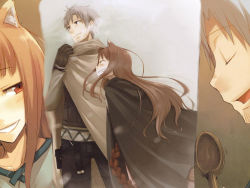 Rule 34 | 00s, 1boy, 1girl, animal ears, ayakura juu, black eyes, blush, brown hair, cloak, couple, craft lawrence, closed eyes, height difference, hetero, highres, holo, long hair, poncho, red eyes, short hair, silver hair, smile, spice and wolf, wolf ears