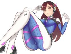 Rule 34 | 1girl, ass, blush, bodysuit, boots, breasts, brown eyes, d.va (overwatch), facial mark, gloves, headphones, long hair, looking at viewer, overwatch, overwatch 1, purple hair, smile, solo, vanquice