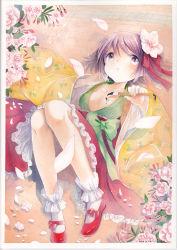 Rule 34 | 1girl, breasts, calligraphy brush, cleavage, collarbone, dated, female focus, floral print, flower, hair flower, hair ornament, hieda no akyuu, highres, inkblot, japanese clothes, kimono, long sleeves, lying, mosho, on back, paintbrush, painting (medium), petals, puffy sleeves, purple hair, sash, signature, socks, solo, spilling, string, string of fate, touhou, traditional media, watercolor (medium), white socks, wide sleeves