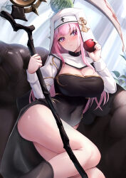 Rule 34 | 1girl, absurdres, apple, black dress, black nails, blush, breasts, cross, dress, food, fruit, habit, highres, holding, holding food, holding fruit, holding scythe, hololive, hololive english, kuutamo, large breasts, long hair, long sleeves, looking at viewer, mori calliope, nun, pink eyes, pink hair, scythe, solo, thighs, virtual youtuber
