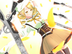 Rule 34 | 10s, 1girl, amasak, arm up, beret, blonde hair, blurry, brown thighhighs, corset, cuts, depth of field, detached sleeves, drill hair, dutch angle, feathers, fingerless gloves, gloves, gun, hair ornament, hairpin, hat, injury, looking down, magical girl, magical musket, mahou shoujo madoka magica, mahou shoujo madoka magica (anime), outstretched arm, pleated skirt, puffy sleeves, ribbon, rifle, shirt, skirt, smile, solo, striped clothes, striped thighhighs, taut clothes, taut shirt, thighhighs, tomoe mami, twin drills, twintails, vertical-striped clothes, vertical-striped thighhighs, weapon, yellow eyes, zettai ryouiki