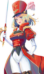 Rule 34 | 1girl, :d, abi (user nzav7333), absurdres, blonde hair, blue eyes, blush, breasts, brown footwear, clenched hand, gloves, gold trim, hat, highres, holding, holding sword, holding weapon, medium breasts, open mouth, pants, puffy sleeves, rachel (seven knights), red headwear, seven knights, smile, solo, standing, sword, weapon, white background, white gloves, white pants