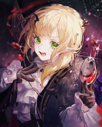 Rule 34 | 1girl, aiguillette, alcohol, alternate costume, alternate hairstyle, ascot, black cape, black gloves, blonde hair, braid, cape, commentary request, crown braid, cup, drinking glass, fang, french braid, frilled sleeves, frills, girls&#039; frontline, gloves, green eyes, hair over shoulder, halloween, highres, long sleeves, looking at viewer, low ponytail, maccha (mochancc), open mouth, pointy ears, smile, solo, suspenders, upper body, vampire costume, welrod mkii (girls&#039; frontline), wide sleeves, wine glass, wing hair ornament