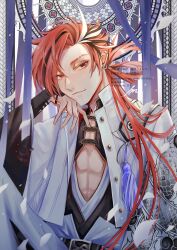 Rule 34 | 1boy, absurdres, artist name, black hair, dragon print, earrings, eyebrow cut, fate/grand order, fate (series), hair between eyes, hand on own face, highres, ichimichi 111, jacket, japanese clothes, jewelry, long hair, long sleeves, looking at viewer, male focus, multicolored hair, pectoral cleavage, pectorals, red eyes, red hair, smile, solo, streaked hair, takasugi shinsaku (fate), underpec, upper body, white hair, white jacket