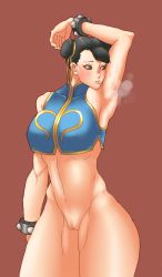 Rule 34 | 1990s (style), 1girl, alternate costume, arm up, armpits, black hair, blush, bottomless, breasts, brown eyes, capcom, chun-li, cleft of venus, covered erect nipples, cowboy shot, double bun, eyeliner, female focus, gold steel, hair bun, hair ribbon, large breasts, makeup, pussy, retro artstyle, ribbon, short hair, simple background, smell, smelling armpit, smelling self, solo, street fighter, street fighter zero (series), studded bracelet, sweat, thick thighs, thighs, uncensored