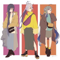 Rule 34 | 3girls, ahoge, ankle boots, asashimo (kancolle), bag, black footwear, black hair, boots, casual, coat, colis, commentary request, earrings, closed eyes, grey eyes, grey hair, hair between eyes, hair over one eye, handbag, hayashimo (kancolle), high heel boots, high heels, jacket, jewelry, kantai collection, kiyoshimo (kancolle), long skirt, multiple girls, one eye covered, ponytail, skirt, socks, winter clothes, winter coat, yellow legwear