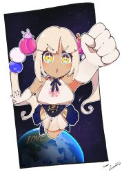 Rule 34 | + +, 1girl, absurdres, beads, blonde hair, border, breasts, dark-skinned female, dark skin, earth (planet), elbow gloves, flying, gloves, hair beads, hair ornament, highres, holocouncil, hololive, hololive english, large breasts, leotard, long hair, open mouth, outline, planet, see-through, sideboob, solo, space, teeth, tsukumo sana, twintails, upper teeth only, virtual youtuber, white border, white gloves, white outline, yellow eyes, zaniaii