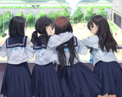 Rule 34 | 4girls, :d, absurdres, arm around neck, black hair, blue neckwear, blue sailor collar, blue skirt, blurry, blurry background, blush, closed mouth, commentary request, day, depth of field, fence, flying sweatdrops, grey eyes, hair between eyes, highres, long hair, low twintails, multiple girls, open mouth, original, outdoors, pentagon (railgun ky1206), pleated skirt, profile, road, sailor collar, school uniform, serafuku, shirt, skirt, smile, steam, tire, translated, tree, twintails, very long hair, wavy mouth, white shirt
