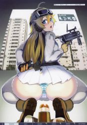 Rule 34 | 1girl, absurdres, ass, battlefield (series), blonde hair, blue eyes, blush, boots, breasts, cameltoe, from behind, goggles, grenade launcher, gun, helmet, highres, huge filesize, large breasts, long hair, looking at viewer, looking back, military, military uniform, namaniku atk, open mouth, original, panties, sexually suggestive, shiny skin, skirt, solo, squatting, striped clothes, striped panties, sweat, thighhighs, underwear, uniform, weapon, white skirt, white thighhighs