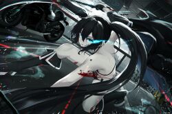 Rule 34 | absurdres, bare shoulders, belt, black gloves, black hair, black rock shooter, black rock shooter (character), black shorts, blue eyes, boots, gloves, highres, holding, holding weapon, knee boots, long hair, motor vehicle, motorcycle, parking lot, shorts, superhero landing, thighs, tokyo (1421), twintails, weapon, white belt