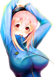 Rule 34 | 1girl, arms up, bloom, blush, breasts, garasho000, headphones, jacket, large breasts, nitroplus, open mouth, otoufu (otohow), pink hair, simple background, solo, super sonico, track jacket, upper body, white background, zipper