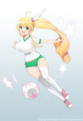 Rule 34 | 10s, 1girl, 2015, :d, ball, blonde hair, breasts, buruma, company name, full body, gradient background, green eyes, gym uniform, hair ribbon, large breasts, lia (soccer spirits), long hair, open mouth, ponytail, ribbon, shoes, smile, sneakers, soccer ball, soccer spirits, solo, ssberit, star (symbol), thighhighs, very long hair, white thighhighs