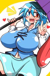 Rule 34 | 1girl, :d, ^^^, absurdres, blue eyes, blue hair, blush, breasts, collared shirt, heart, heterochromia, highres, huge breasts, impossible clothes, impossible shirt, juliet sleeves, long sleeves, matching hair/eyes, navel, open mouth, puffy sleeves, red eyes, rindou (p41neko), shirt, short hair, skirt, smile, solo, tatara kogasa, tongue, touhou, tunic, umbrella, w, wide hips