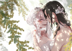 Rule 34 | 2girls, ahoge, backless dress, backless outfit, bare shoulders, black hair, blurry, blurry background, blurry foreground, branch, breasts, bridal veil, cleavage, commentary request, couple, dappled sunlight, dress, earrings, eye contact, female focus, flower, forehead-to-forehead, hair bun, hair flower, hair ornament, heads together, highres, jewelry, lace-trimmed veil, lace trim, leaf, long hair, looking at another, multiple girls, nijisanji, open mouth, orange eyes, outdoors, parted lips, pink eyes, pink hair, rose, sharp teeth, shirayuki tomoe, shuu-0208, single hair bun, sparkle, sukoya kana, sunlight, teeth, upper body, veil, virtual youtuber, wedding dress, white dress, white flower, white rose, wife and wife, yuri