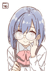Rule 34 | 2girls, 3 3, :&gt;, adjusting eyewear, artist name, assault lily, bespectacled, black-framed eyewear, blue hair, blush, borrowed clothes, bow, bowtie, braid, brown eyes, brown hair, chibi, closed mouth, collared shirt, commentary request, glasses, gochisousama (tanin050), hair behind ear, hair between eyes, hands up, hasegawa gabriella tsugumi, highres, long sleeves, looking at viewer, low twin braids, low twintails, ludvico private girls&#039; academy school uniform, matsunaga brigitta kayo, medium hair, multiple girls, no eyewear, pink bow, pink bowtie, reflection, round eyewear, school uniform, shirt, side braid, simple background, smile, solo focus, suspenders, twin braids, twintails, white background, white shirt