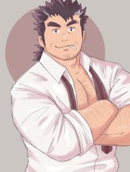 Rule 34 | 1boy, bara, black hair, cigarette, crossed arms, facial hair, highres, large pectorals, long sideburns, male focus, manly, mononobe kyoma, muscular, open clothes, pectorals, sideburns, simple background, solo, thick eyebrows, tokyo houkago summoners, upper body, white hair, yanutorie