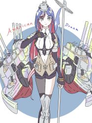 Rule 34 | 1girl, american flag, black legwear, black necktie, blue hair, blush, breasts, english text, flag, hand on own chest, headgear, holding, kantai collection, long hair, long sleeves, multicolored hair, nanakoma, navel, necktie, red hair, rigging, shirt, simple background, smile, solo, south dakota (kancolle), star (symbol), two-tone background, vest, white hair, white shirt