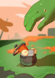 Rule 34 | :3, absurdres, animal focus, artist name, blurry, blurry background, bulging eyes, closed eyes, closed mouth, cloud, colored sclera, cooking pot, disembodied limb, english text, fish, gloves, green gloves, happy, highres, in container, nintendo, object on head, orange sky, outdoors, red eyes, red hair, salmon run (splatoon), short hair, sky, slime (substance), smallfry (splatoon), smile, solo focus, splatoon (series), sweat, twitter username, uroko (rwde4544), watermark, yellow sclera