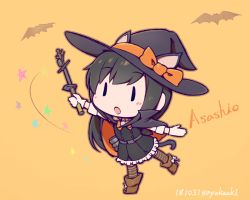 Rule 34 | 1girl, animal ears, asashio (kancolle), bat (animal), black hair, black hat, cat ears, cat tail, character name, chibi, dress, full body, gloves, hat, kantai collection, long hair, long sleeves, nakaaki masashi, official alternate costume, orange background, pinafore dress, sleeveless, sleeveless dress, solo, striped clothes, striped legwear, striped thighhighs, tail, thighhighs, wand, white gloves, witch hat, | |