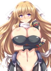 Rule 34 | aoi kimi, blush, breasts, brown hair, cleavage, fingerless gloves, gloves, huge breasts, ishioto, kyoukaisenjou no horizon, long hair, open clothes, purple eyes, simple background, smile