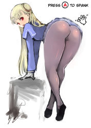 Rule 34 | 1girl, ass, bent over, black pantyhose, blonde hair, blush, capcom, capcom fighting jam, disembodied limb, female focus, flat chest, from behind, frown, full body, gloves, hairpods, hard-translated, highres, hot, huge ass, ingrid (capcom), johan (johan13), legs, long hair, long legs, looking at viewer, looking back, pantyhose, presenting, red eyes, see-through, see-through legwear, solo, thick thighs, thighs, third-party edit, tiptoes, translated, upskirt, white gloves, wide hips